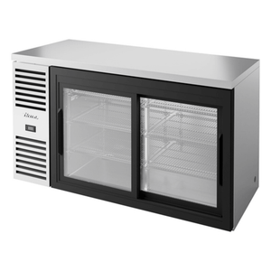 True TBR60-RISZ1-L-S-11-1 refrigerated back bar cabinet with sliding glass doors.
