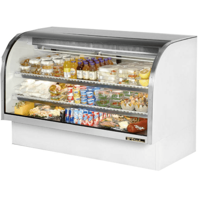 True TCGG-72-HC-LD curved glass deli display case showcasing various food items like deli meats and salads.