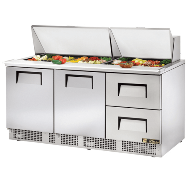 True TFP-72-30M-D-2 72-inch mega top sandwich prep refrigerator with fresh ingredients displayed.