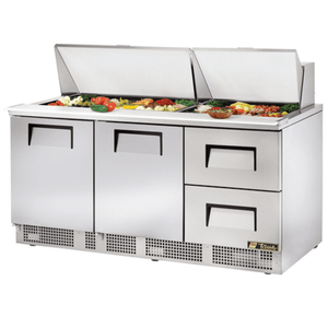 True TFP-72-30M-D-2 72-inch mega top sandwich prep refrigerator with fresh ingredients displayed.