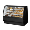 True TGM-DZ-59-SC/SC-S-W dual zone glass display case showcasing a variety of pastries and desserts.