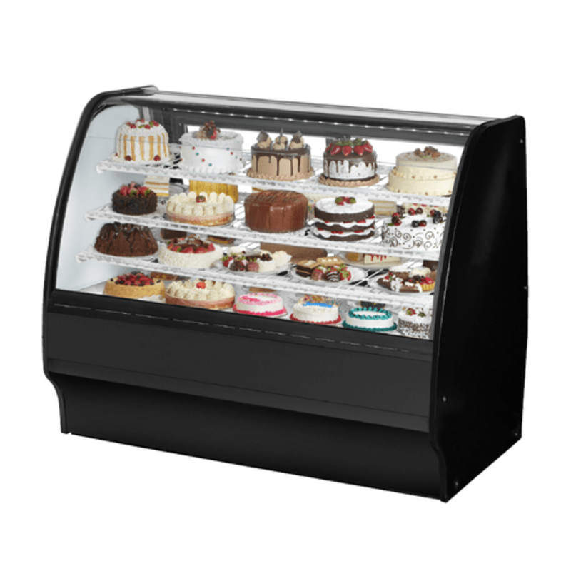 Refrigerated bakery display case showcasing a variety of cakes and desserts in a sleek black design.