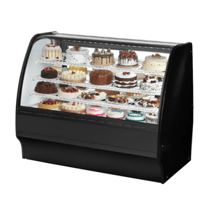 Refrigerated bakery display case showcasing a variety of cakes and desserts in a sleek black design.