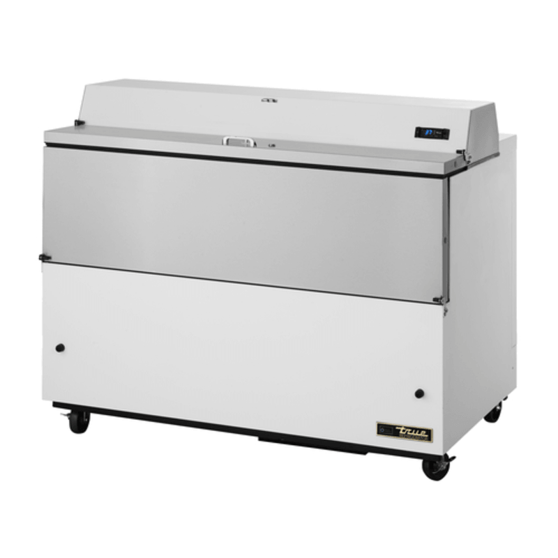 True TMC-58-HC Mobile Milk Cooler for schools with stainless steel drop-front design.