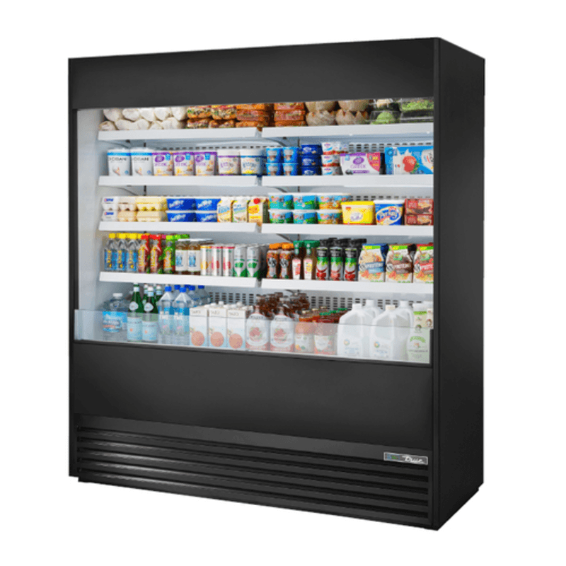 True TOAM-72-HC~NSL01 72-inch open air vertical merchandiser displaying a variety of grab-and-go items.