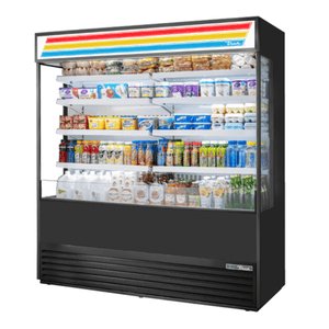 True TOAM-72GS-HC~TSL01 72-inch vertical air curtain cooler with glass panels showcasing chilled beverages and foods.
