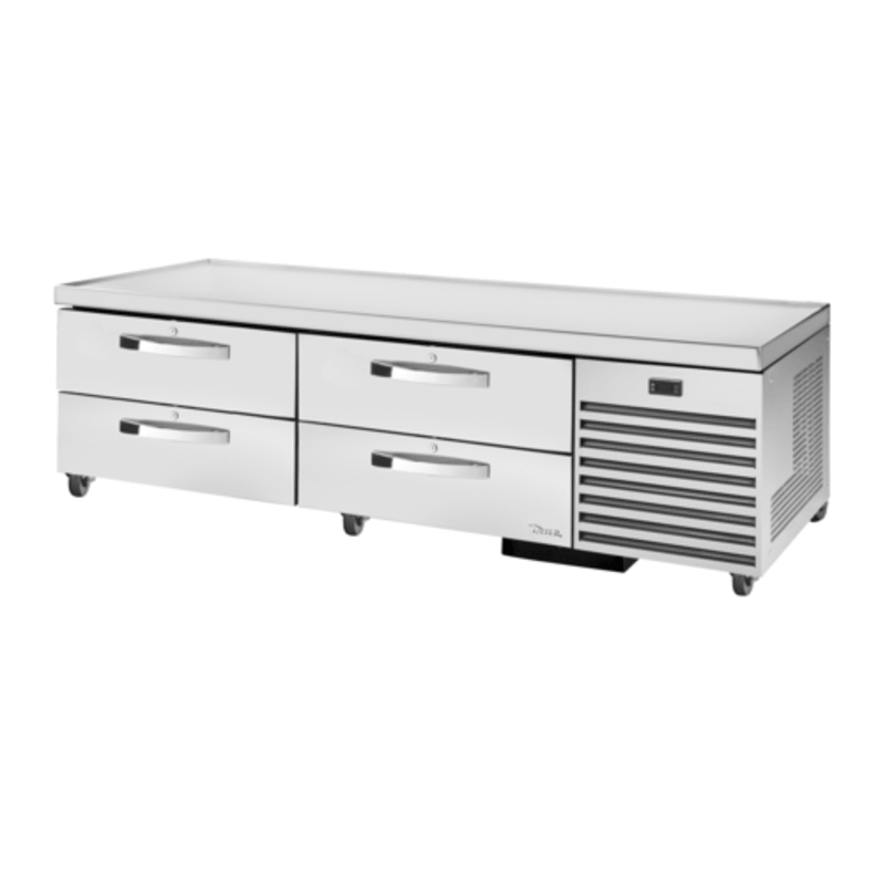 True TRCB-79-HC~SPEC3 commercial refrigerated chef base with four drawers and stainless steel top.