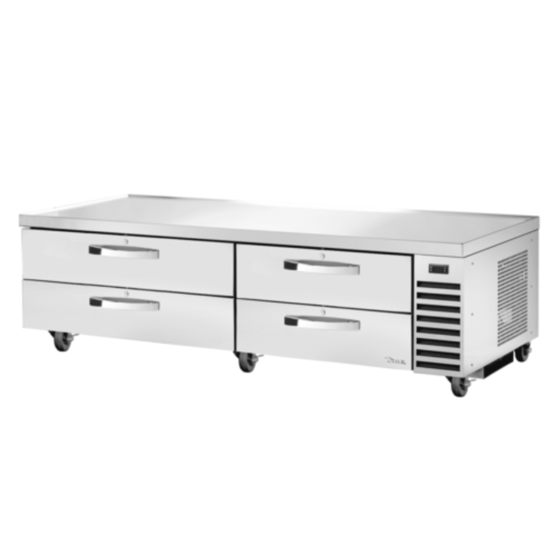 True TRCB-82-HC~SPEC3 refrigerated chef base equipment stand with four drawers and stainless steel top.