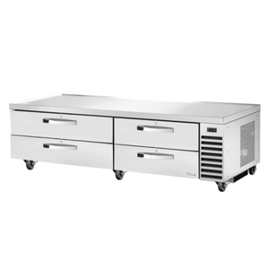 True TRCB-82-HC~SPEC3 refrigerated chef base equipment stand with four drawers and stainless steel top.