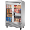 True TS-49FG-HC~FGD01 Two-Section Glass Door Reach-In Freezer with assorted frozen food items.