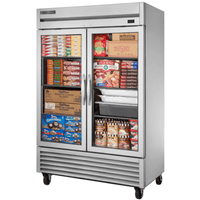 True TS-49FG-HC~FGD01 Two-Section Glass Door Reach-In Freezer with assorted frozen food items.