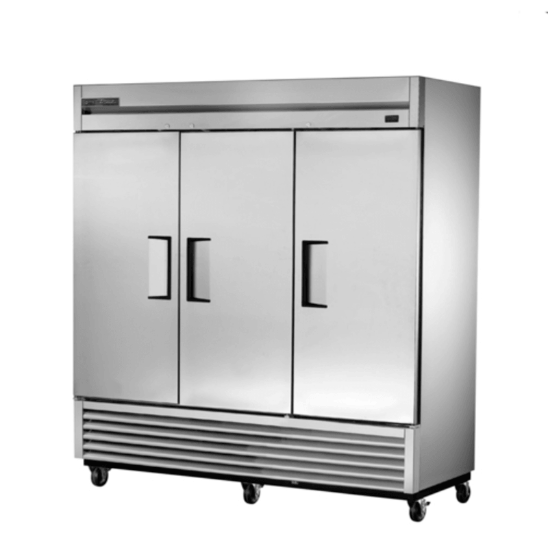 True TS-72-HC 78-Inch three-door stainless steel reach-in refrigerator for commercial food storage.