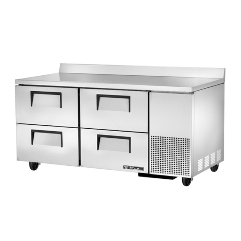 67-inch refrigerated worktop counter with stainless steel finish and four drawers for commercial kitchens.